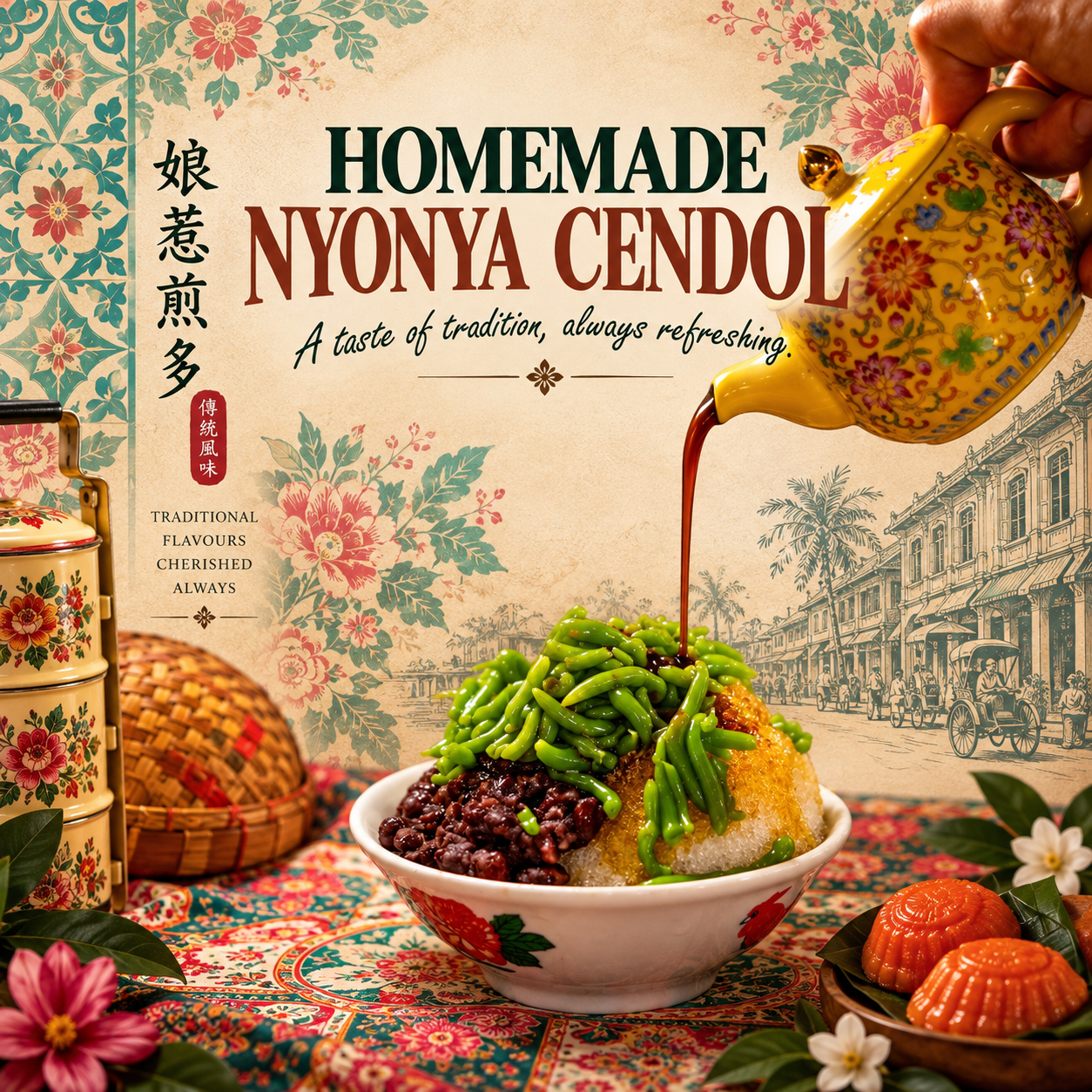 Nyonya cendol with gula Melaka being poured