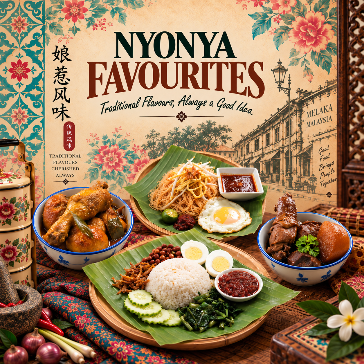 Nyonya Favourites editorial featuring nasi lemak, mee siam, curry chicken and pongteh chicken