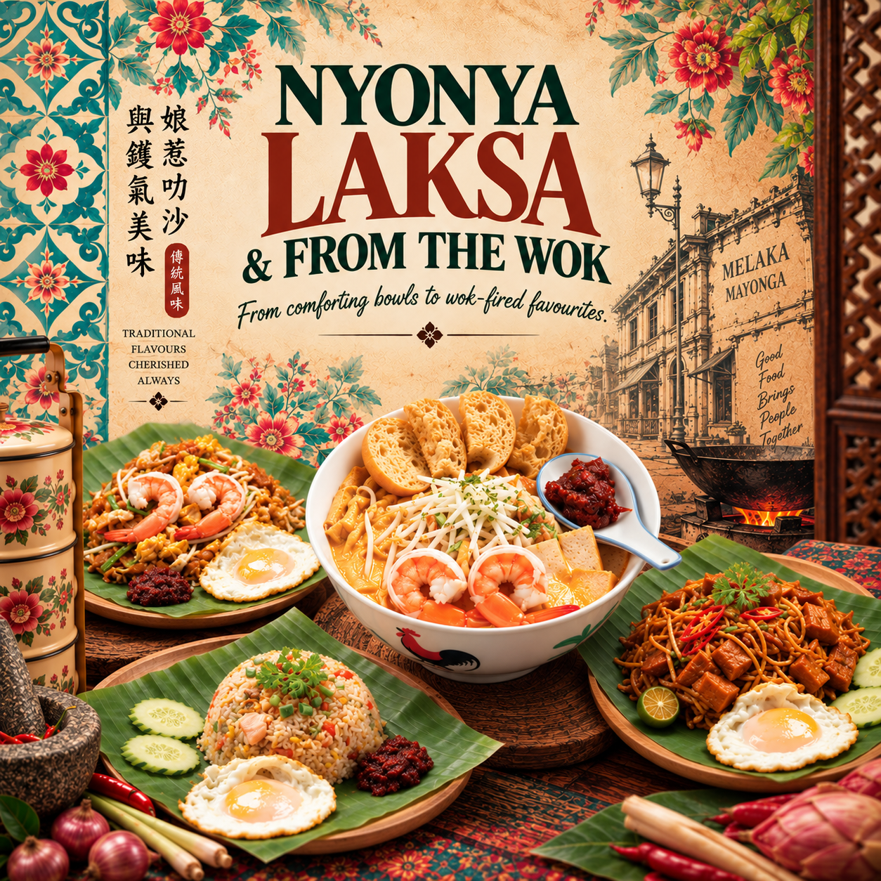 Nyonya Laksa and From The Wok editorial featuring laksa, fried kway teow, salmon fried rice and mee mamak