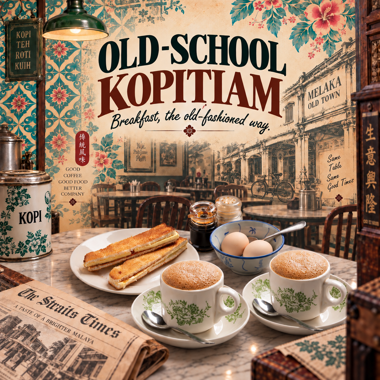 Old-School Kopitiam breakfast with kaya toast, soft-boiled eggs and coffee